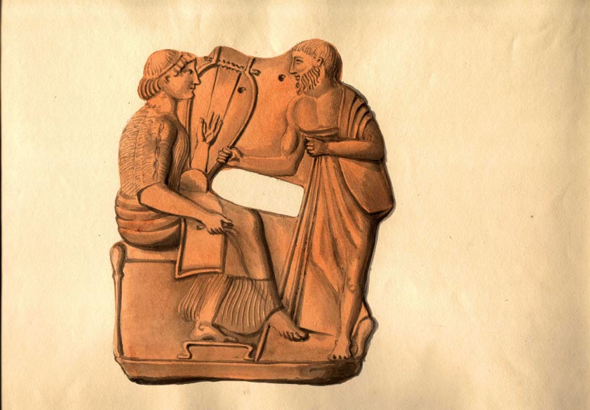 no number B.M.Cat. 133, 13.367 - Terracotta of woman holding a lyre and man taking it off her